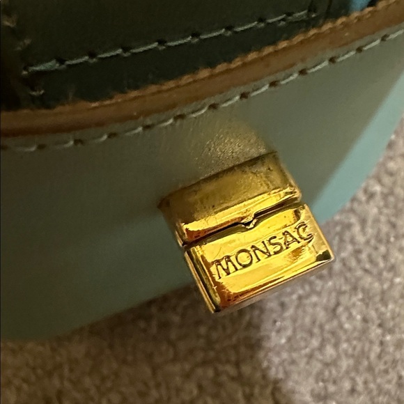 MONSAC Blue Genuine Leather Gold Accent Mini Barrel Bag with Bamboo Handles - Picture 9 of 9